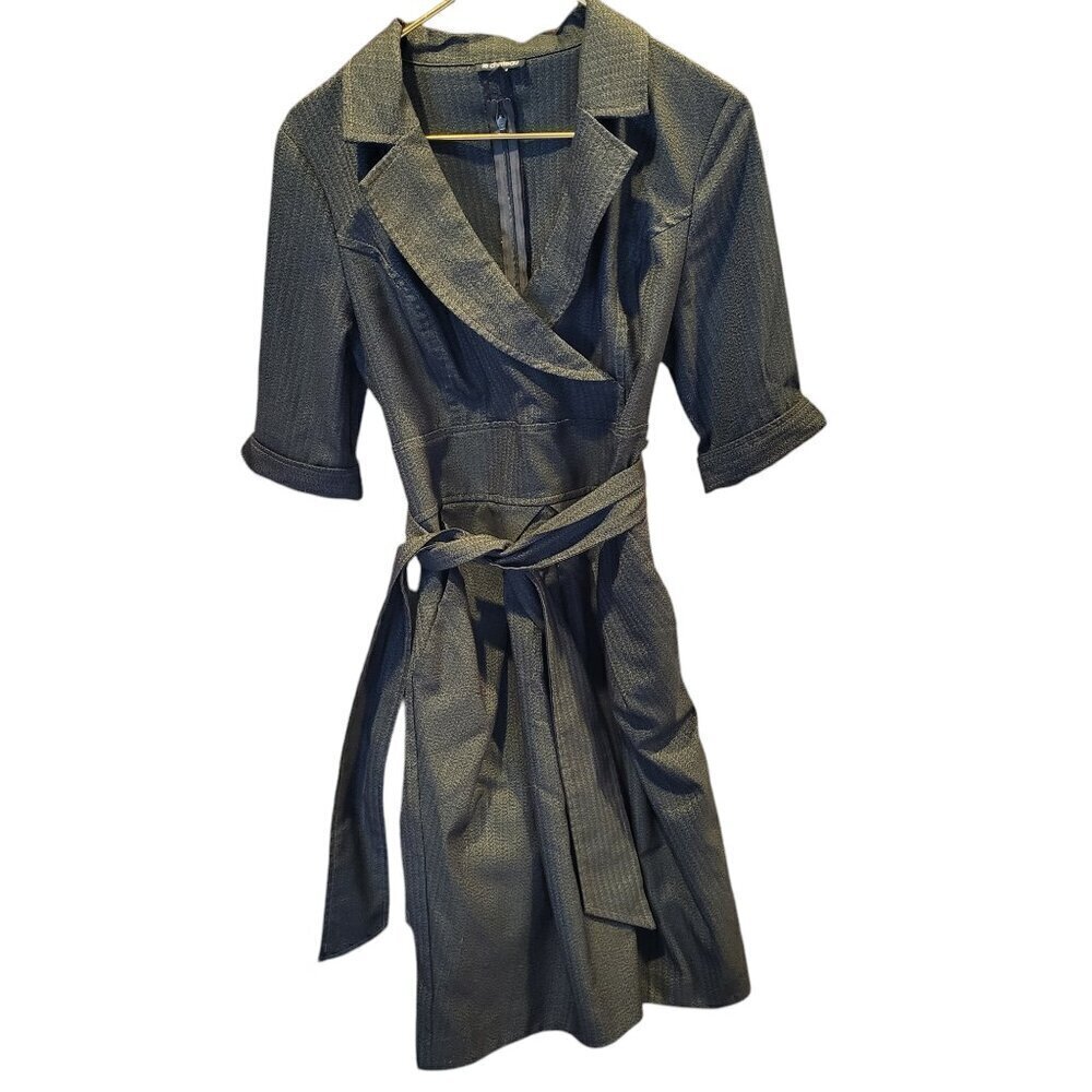 Le Chateau Grey Striped Belted Dress with 3/4 length sleeve and pockets